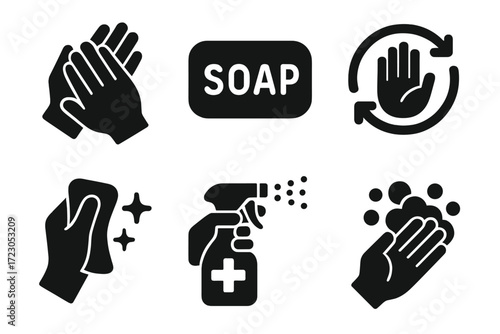 Hand washing soap hygiene cleaning icons disinfection lather guide