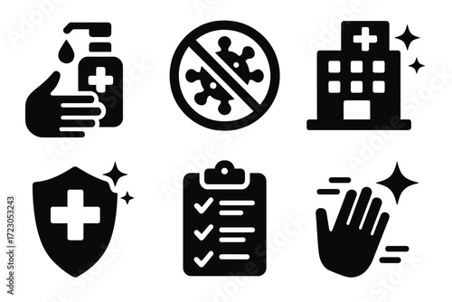 Healthcare icons: sanitization, virus prevention, medical facility, safety shield, checklist, hygiene