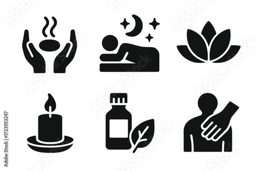 Wellness icons for spa and relaxation with massage and aromatherapy elements