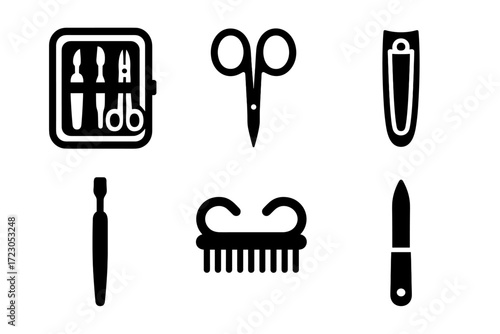 Essential manicure tools: scissors, nail clippers, and brushes icons