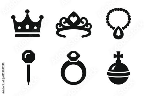 Royalty symbols collection: crown, tiara, necklace, scepter, ring, orb icons