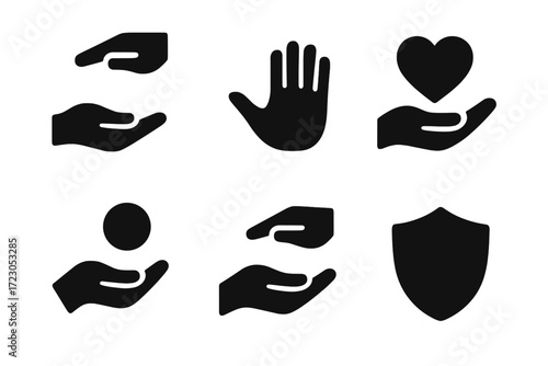 Collection of hand symbol icons representing care, protection, and support