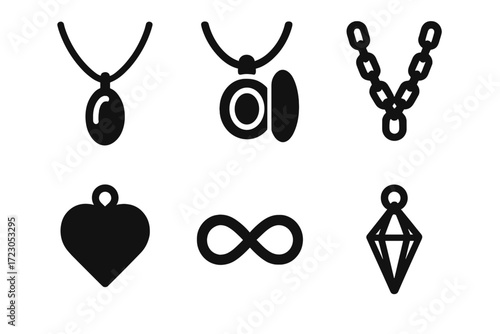 Black jewelry icon set: necklaces, locket, heart, infinity, gemstone pendant