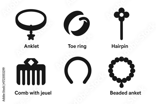 Silhouette icons of jewelry and accessories: anklet, toe ring, hairpin, beaded anklet, comb with jewel