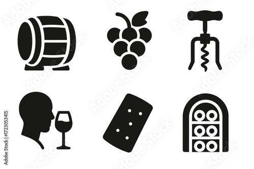 Wine elements icons: barrel, grapes, corkscrew, tasting silhouette, cork, cellar