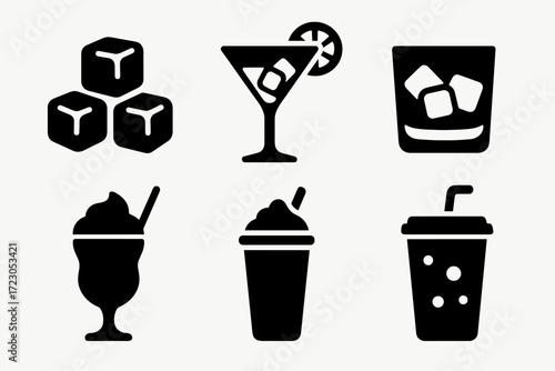 Icons of ice cubes and drinks: cocktail, whiskey, smoothie, milkshake, soda