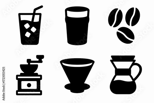 Coffee icons collection: grinder, beans, drinks, brewing equipment