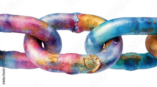 Wallpaper Mural Interconnected: A vibrant close-up shot of three vivid colored chain links, illustrating the concept of connections and teamwork. Torontodigital.ca