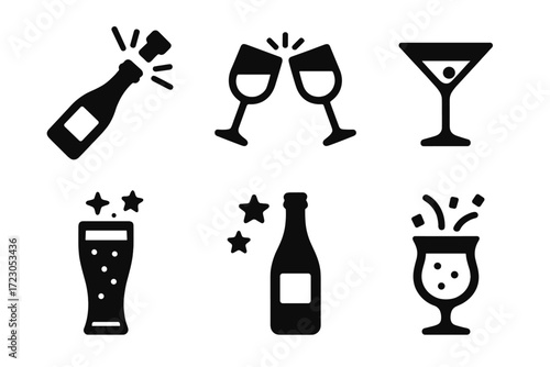 Black icons of alcoholic drinks including champagne and cocktail glasses