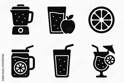 Kitchen icons: blender, juice glass, apple, citrus slice, beverage with straw, cocktail