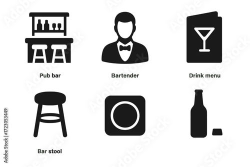 Pub icons: bar, bartender, drink menu, stool, coaster, bottle