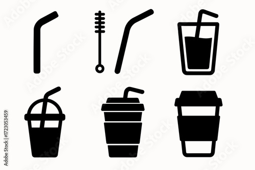 Reusable straw and drink cup icons for eco-friendly lifestyle
