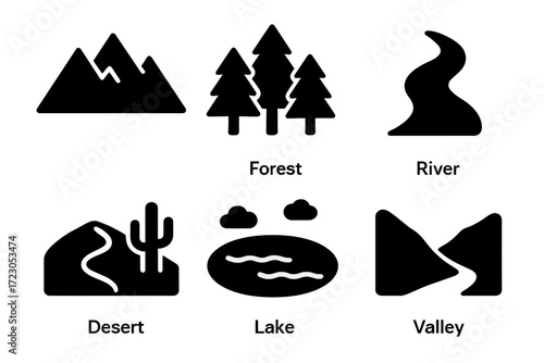 Nature icons set: mountain, forest, river, desert, lake, valley illustrations