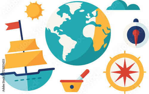 Columbus day elements bundle vector illustration ships compass map globe sun clouds vector