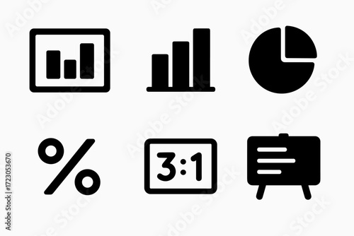 Set of six black business and data icons including charts, pie, and percentage