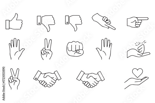 Set of hand gesture icons in black and white line art isolated on Transparent Background