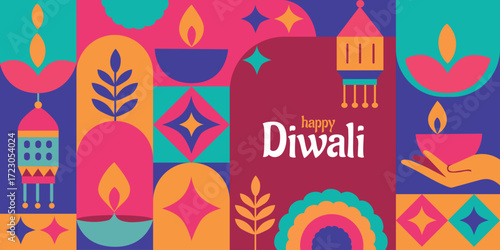 Happy Diwali festival of lights colorful minimal poster template design with decorative diya lamp. vector illustration. Indian festival of lights Happy Diwali, holiday Background in flat style.