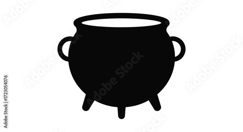 Simple black cauldron with curved handles and legs a dark outline silhouette