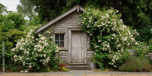Wallpaper Mural Charming cottage and Blooming rose in the garden: A quaint wooden cottage nestled amidst lush, cascading blooms, offering a serene escape into the beauty of nature. An old wood cottage. Torontodigital.ca