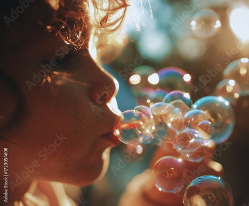 Wallpaper Mural Child's Bubbles of Joy: A close-up shot of a child blowing iridescent bubbles in a sun-drenched setting, creating a whimsical and playful scene filled with wonder. Torontodigital.ca