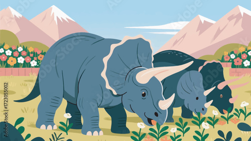 Illustration Of A Herd Of Triceratops Eating Low Plants With A Background Of Flower Beds And Mountains Vector Design Template
