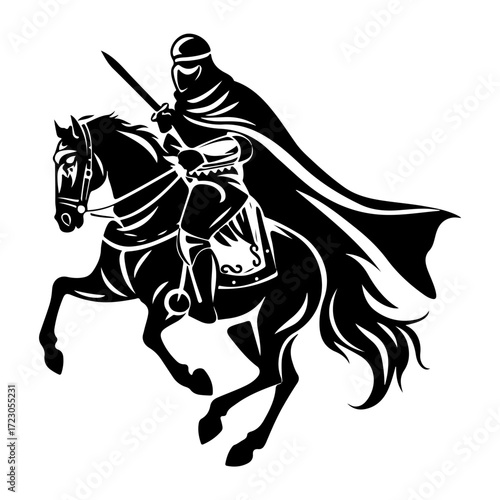Flat Black Arabian Warrior Logo Silhouette of Brave Fighter Soldier Knight Swordsman for Vintage Vector Design