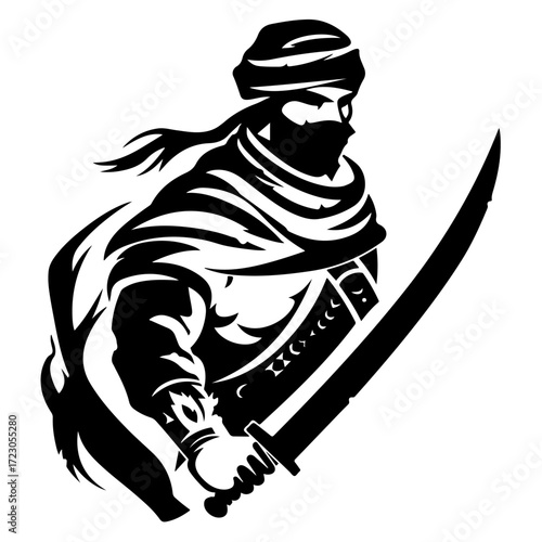 Historic Arabian Warrior Logo in Flat Black Silhouette Style for Fighter Soldier Knight Illustration Concepts