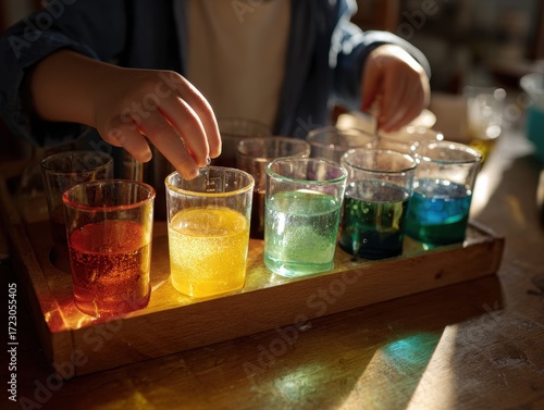 Wallpaper Mural Vibrant Experiment: A person meticulously pours and stirs colored liquid in beakers, illuminating the science of experimentation, a vibrant display of color theory and liquid dynamics. Torontodigital.ca