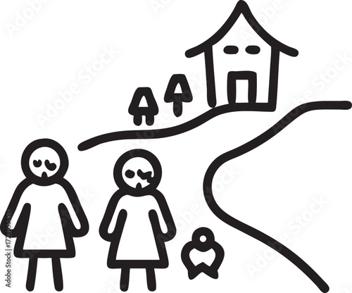 Minimalist illustration of family walking towards house in country landscape