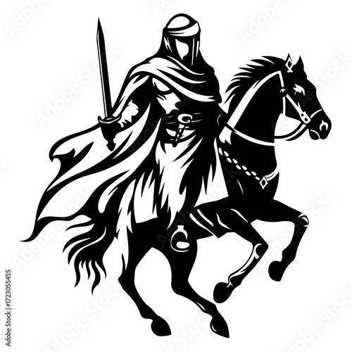 Flat Black Silhouette of Arabian Warrior Logo Featuring Fighter Soldier Knight and Swordsman Vector Artwork