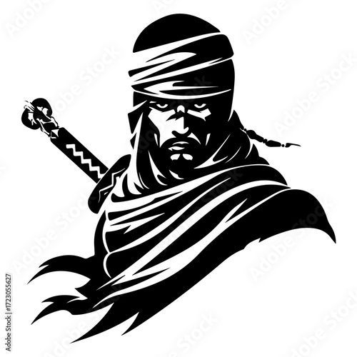Arabian Warrior Logo in Flat Black Style Silhouette Fighter Illustration for Historic Soldier and Knight Design