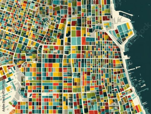 Wallpaper Mural Vibrant City Map: A colorful and artistic depiction of a city map, showcasing a grid-like structure with a spectrum of hues and a waterfront edge, perfect for illustrating urban concepts. Torontodigital.ca
