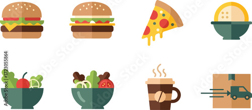 Delicious fast food and desserts collection assortment of appetizing meals treats
