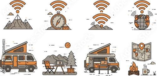 Eight diverse icons featuring camping adventures and mountain landscapes with wi-fi symbols