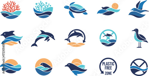 Collection of ocean life and marine animal icons artistic stylized water themes