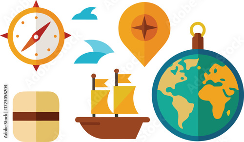Columbus day ships compass map location marker globe vector illustration elements bundle eps vector