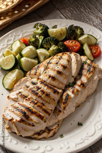 grilled chicken breast served with fresh steamed vegetables on rustic white plate on wooden table surface showing healthy meal concept of diet food, fitness meals, nutrition brands