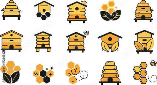 Collection of artistic beehives and honeycomb designs celebrating beekeeping and nature