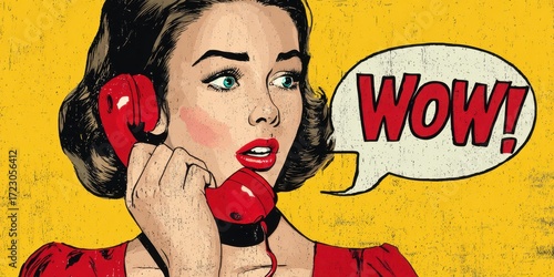 Wallpaper Mural Pop Art Woman on Phone: A striking pop art illustration features a surprised woman holding a vintage red phone, her speech bubble exclaiming WOW!. A vibrant, retro aesthetic. Torontodigital.ca