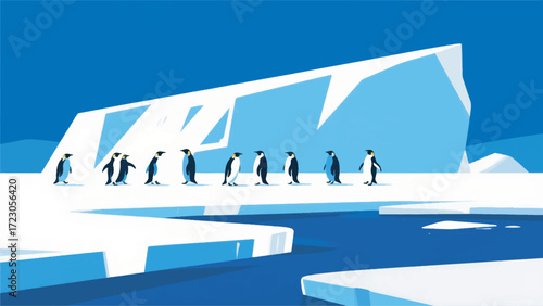 ilustrasi Koloni penguin berjalan bersama di atas es dengan latar gunung es besar.eps