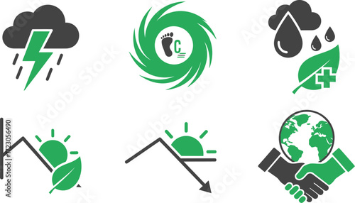 Collection of climate change and environmental hazard icons representing global challenges