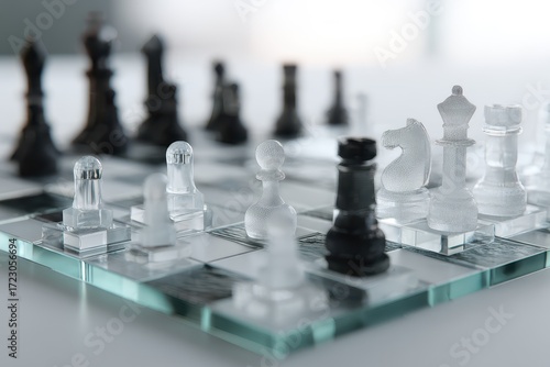 Wallpaper Mural Chessboard Strategy: A close-up shot of a chess board, the pieces are arranged, ready for a game of strategic planning, decision-making, and intellectual combat. Showcasing clarity and precision. Torontodigital.ca
