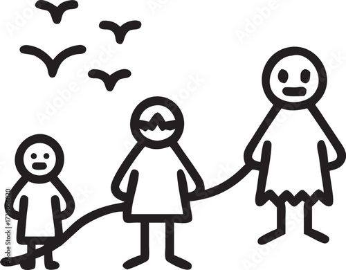 Simple Stick Figure Family Walking Together with Birds in the Sky