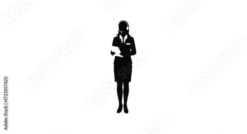 A standing flight attendant in formal attire a striking black silhouette