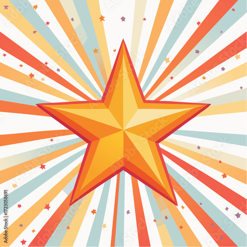 A large, golden beveled star at the center of a dynamic retro starburst background with vibrant 70s-inspired orange and yellow rays