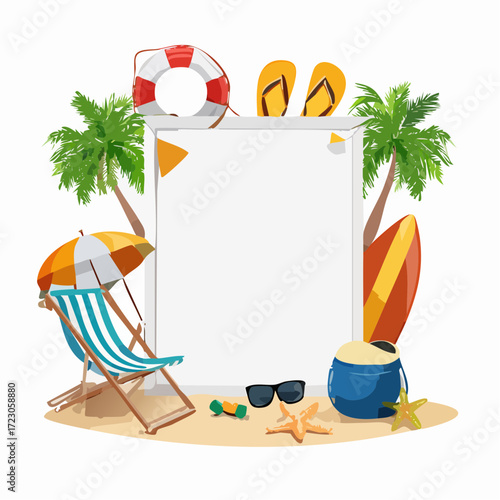 Vibrant summer beach poster template with a central blank frame, surrounded by tropical paradise elements. Flat cartoon vector illustration for travel
