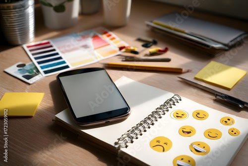 Creative workspace with emoji stickers, smartphone, and art supplies on sunlit desk, perfect for blog headers, branding