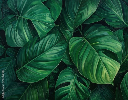 Wallpaper Mural A lush, vibrant composition of large, deep green tropical leaves, overlapping and filling the frame with rich textures and varied shades Torontodigital.ca