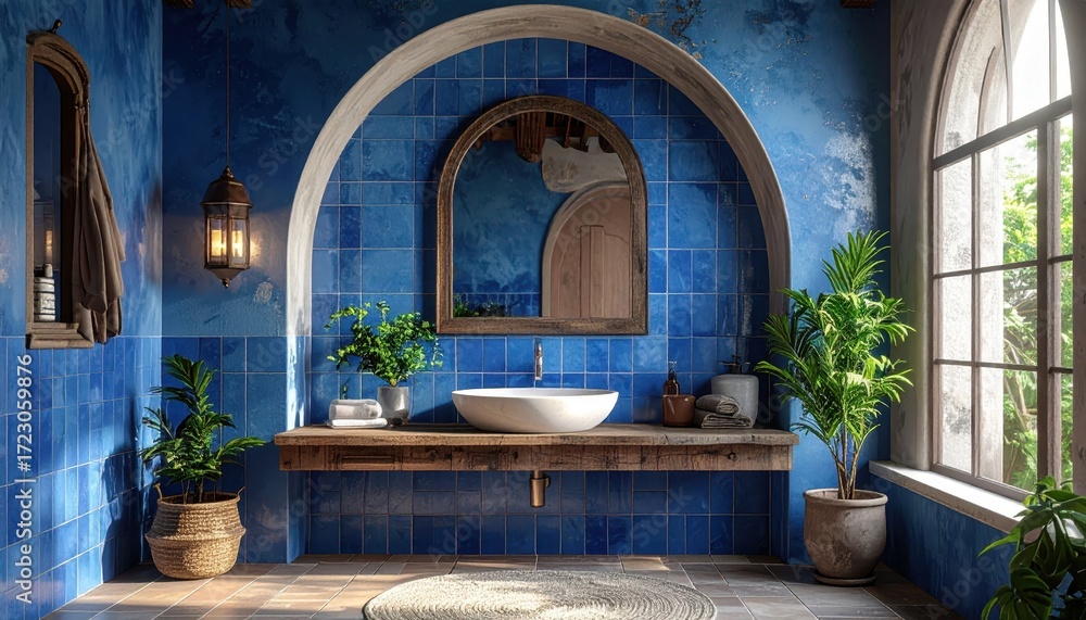 Fototapeta premium A sun-drenched bathroom boasts a captivating display of deep blue tiles, arched alcoves, and rustic wooden elements.