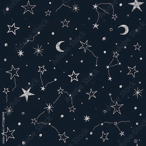 Hand-Drawn Celestial Pattern with White Stars, Moons, and Constellations